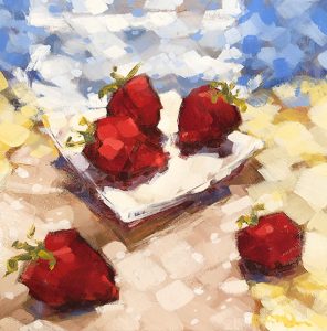 Christina Johnson "Summer/Strawberry Quilt" 8x8 oil $150.