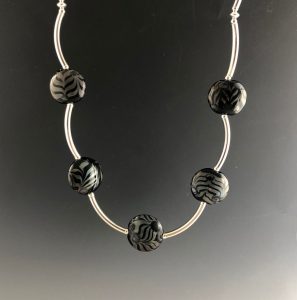Becky Congdon "Art Nouveau Necklace" handmade flameworked lentil-shaped glass beads with sterling silver beads, findings and s-clasp 19.5" $175.