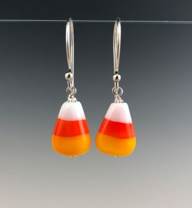 Becky Congdon "Candy Corn Earrings (Zero Calories)" handmade flameworked glass beads with sterling silver findings $38./pair