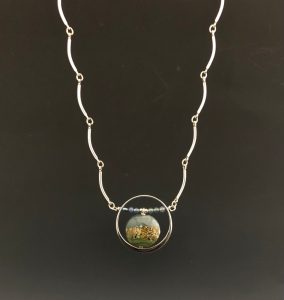 Becky Congdon "Corning Spring Necklace" handmade flameworked lentil-shaped bead, sterling silver chain and findings 27" length $170. SOLD