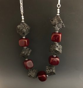 Becky Congdon "Kilauea Necklace" handmade flameworked hollow square glass beads, lava rock gemstone beads, sterling silver 20" length $220.