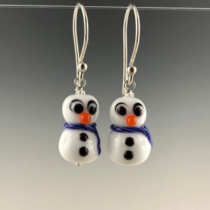 Becky Congdon "Snowmen Earrings" handmade flameworked glass beads with sterling silver findings $38./pair (Blue/multi scarf earrings sold out. Red/multi scarf earrings currently available.)