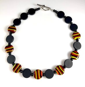 Becky Congdon "Sunny Paradise Necklace" handmade flameworked glass tab disk beads, onyx gemstone beads, sterling silver toggle clasp 19.5" length $210.