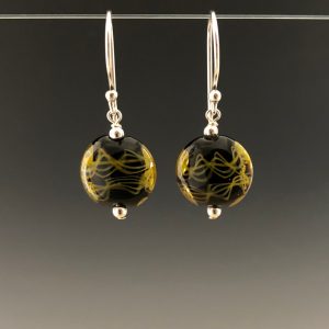 Becky Congdon "Yellow DNA on Black Lentil Earrings" handmade flameworked lentil-shaped glass beads with sterling silver beads and ear wires $38./pair Inquire on availability
