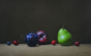 Trish Coonrod "2 Plums, Pear, Cherries and a Blueberry" 14x24 oil on canvas $3,250.