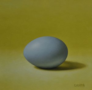 Trish Coonrod "Blue Egg on Yellow" 6x6 oil on ACM panel $1,125.