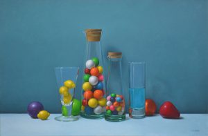 Trish Coonrod "Still Life with Gumballs and Kool-Aid" 20x30 oil on canvas $4,750.