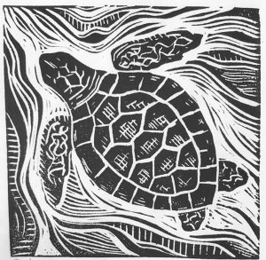 Cynthia Cratsley "Sea Turtle" 3x3 linocut $50.