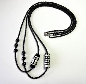 Martha Custer "MC463" necklace 2 black and ivory handmade flameworked beads with Czech glass accents 38" necklace $130. (can be worn as double strand or 2 separate strands)