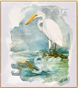 Jennifer Fais "Egret: On Reflection" 10x9 watercolor/acrylic on Japanese board $350.
