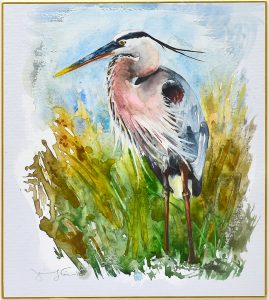 Jennifer Fais "Heron: In Sedge" 10x9 watercolor/acrylic on Japanese board $350.