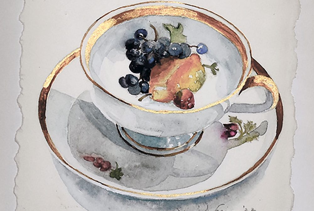 Jennifer Fais "Mother's Teacup: Harvest" 4.5x4.5 watercolor/acrylic $320.