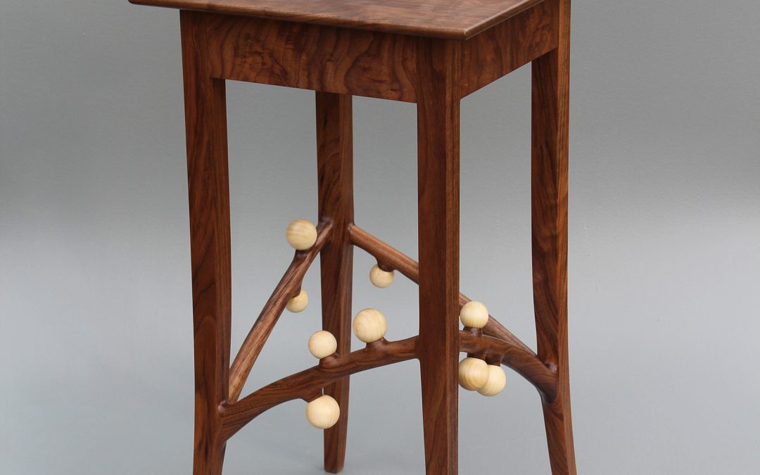 Tracy Fiegl "Tafeltrauben" #2505 original 28Hx16Wx16D handcrafted walnut and maple wood table $1,900.