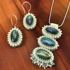 San Fortune "Labradorite Pendant and Earring Set" 18" sterling silver chain and ear wires, glass beads, swarovski crystals $310./set