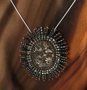 San Fortune "Turritella Agate Pendant" bead embroidery with various glass beads w/ 18" sterling chain $160. SOLD