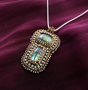 San Fortune "Labradorite Pendant with Yellow" 2.5"x1.5" crystal cup chain, seed bead bezels, various glass seed beads 18" sterling silver snake chain $183.