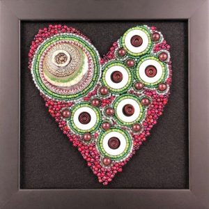 San Fortune "Ruby Love" 5.25x 4.75 bead embroidery on panel $275. SOLD