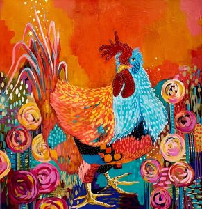 Amy Hutto "Hot Pink Lips and Tips" (chicken) 24x24 acrylic with gold leaf on gallery wrapped canvas $955.