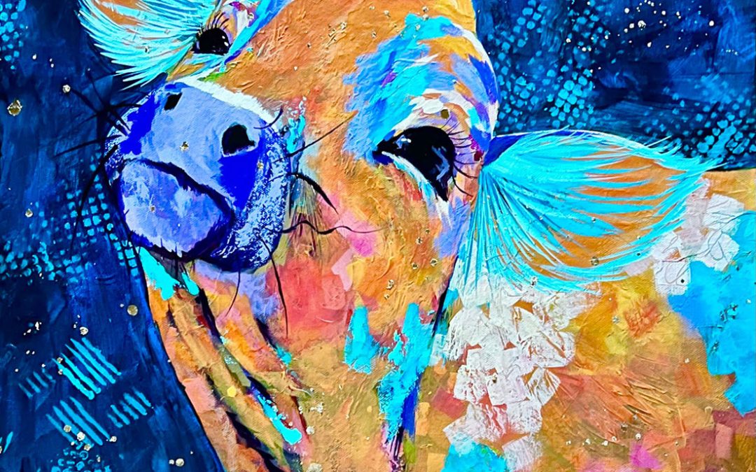 Amy Hutto "Lady Moomalade" (cow) 20x20 acrylic/gold leaf $625. gallery wrap