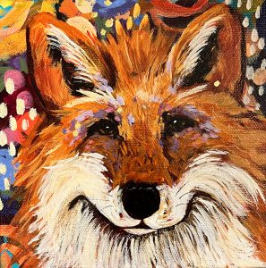 Amy Hutto "A Sly Grin" (Fox) 6x6 acrylic/gold leaf gallery wrapped canvas $250.