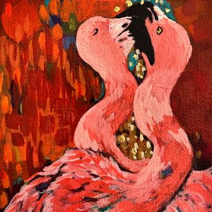 Amy Hutto "Sweet Nothings" (Flamingo Couple) 5x5 acrylic/gold leaf gallery wrapped canvas $220.