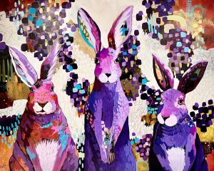 Amy Hutto "Up for Mischief" (3 rabbits) 24x30 acrylic with gold leaf on cradled board $1,500.