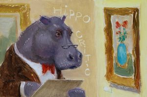 Wilson Ong "Hippo Critic" original 4x6 oil painting on board $230. 🔴SOLD