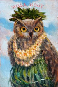 Wilson Ong "Hula Hoot" 6x4 oil/board $230.