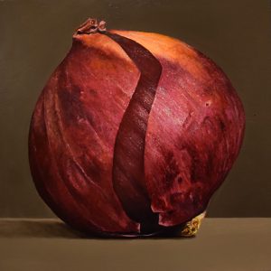 Gina Pfleegor "Red Onion" 12x12 oil $460. on board with hanging system