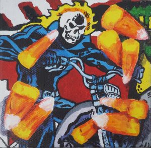Andrew Wales "Spirit" (Ghost Rider with Candy Corn) 6x6 acrylic $100.